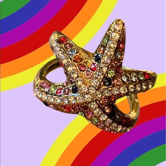 🎉Carnival Multicolored Rhinestone Starfish Ring - Picture 1 of 7
